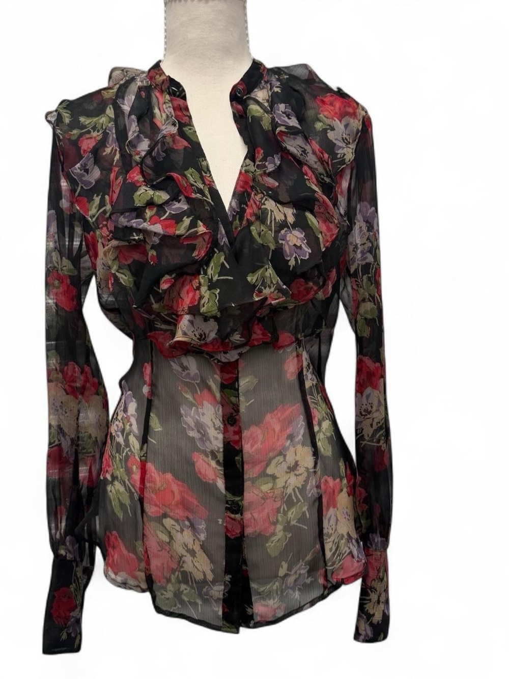 Lauren Ralph Lauren Black Sheer Floral Ruffle Blouse with Red & Purple Accents